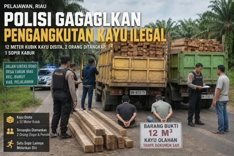 Polres Pelalawan Tangkap Dua Pelaku Pengangkutan Kayu Ilegal, 12 Kubik Disita