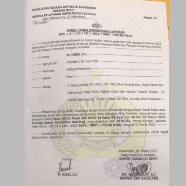 Diduga Gunakan Surat Palsu saat Pileg 2013 Bupati Rohil Dilaporkan ke Polda Riau