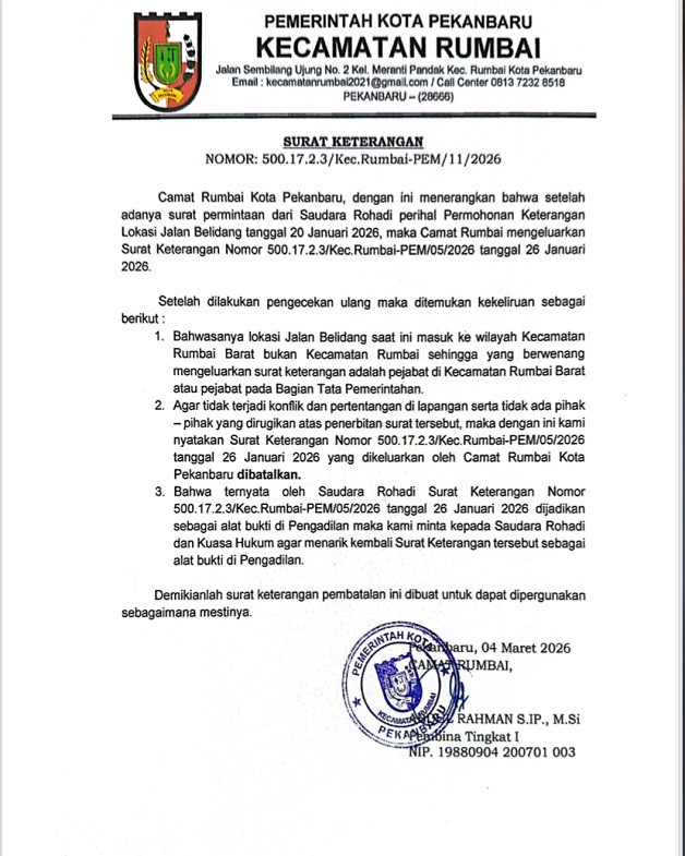 Camat Rumbai Resmi Batalkan Surat Keterangan Jalan Belidang