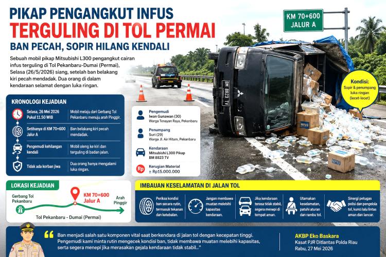 Pick up Pengangkut Cairan Infus Terguling di Tol Pekanbaru-Dumai