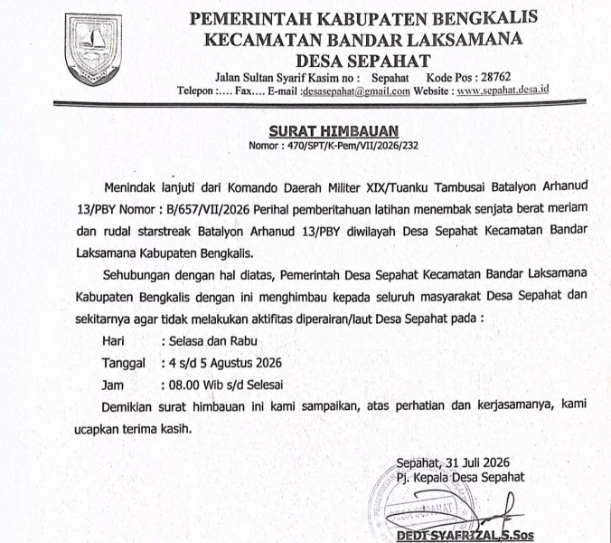 Pemdes Sepahat Himbau Masyarakat Tidak Beraktivitas di Perairan, Ada Apa Ya ?