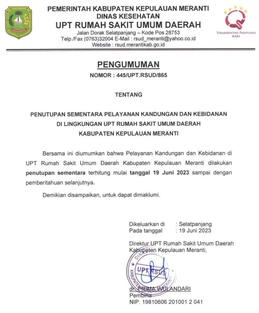RSUD Kepulauan Meranti Surati POGI Riau, Minta Dikirim Dokter Spesialis Kandungan