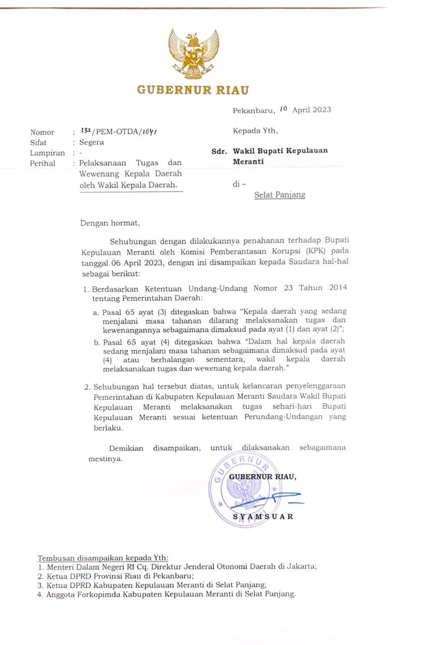 Wabup Asmar Resmi Ditunjuk Pelaksana Tugas Bupati Kabupaten Kepulauan Meranti