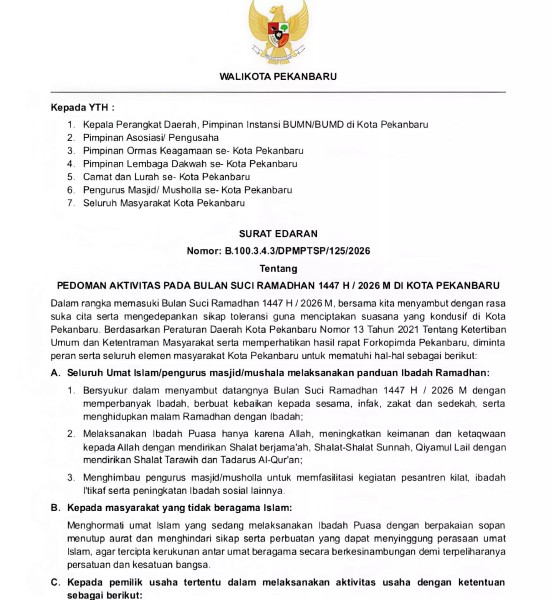 Pemko Pekanbaru Terbitkan SE Pedoman Aktivitas Masyarakat Selama Ramadan, Ini Isinya!