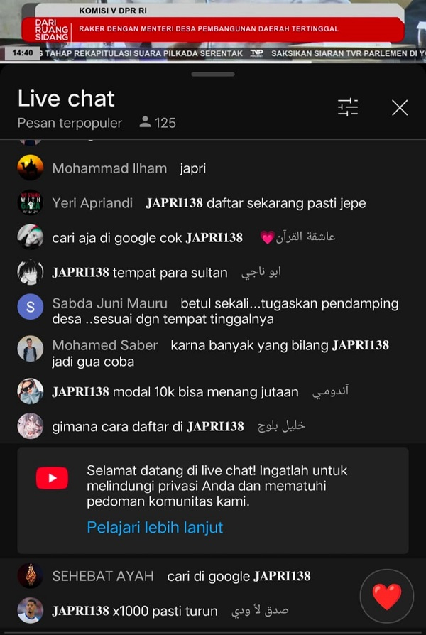 Live Streming Chanel Youtube DPR Diserang Netizen Promosi Judi Online